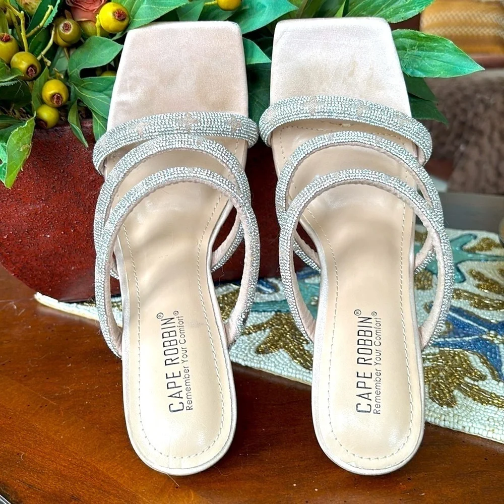 Cape Robbin Rhinestone Multi-Strap Square Toe High Heels Stilettos Sparkly Beige